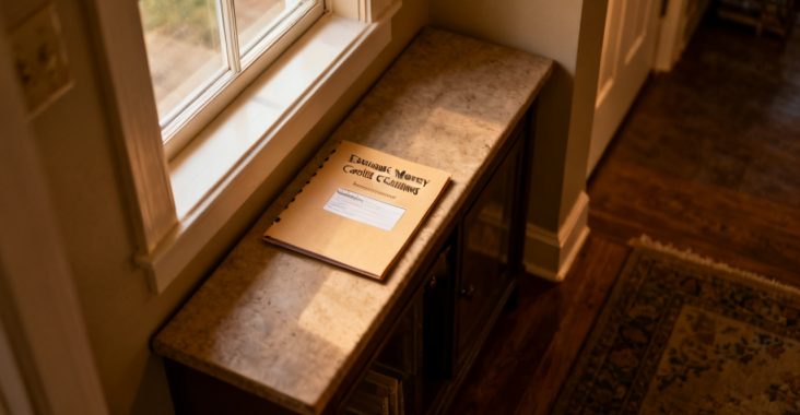Quiet kitchen island for earnest money credit closing folder