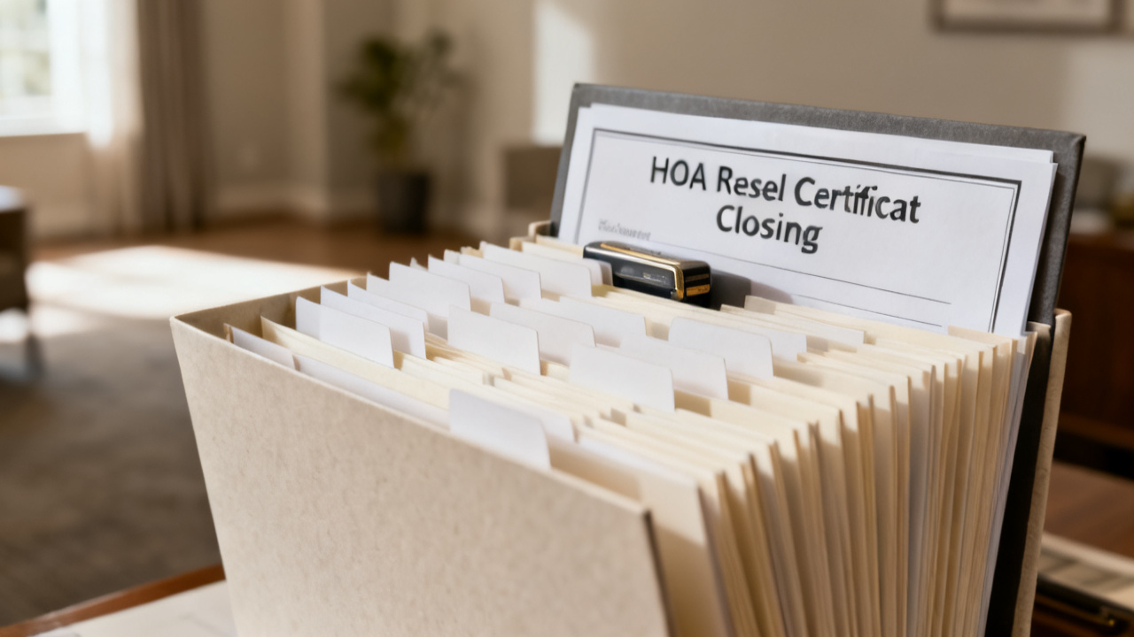 hoa resale certificate closing folder beside a manila folder