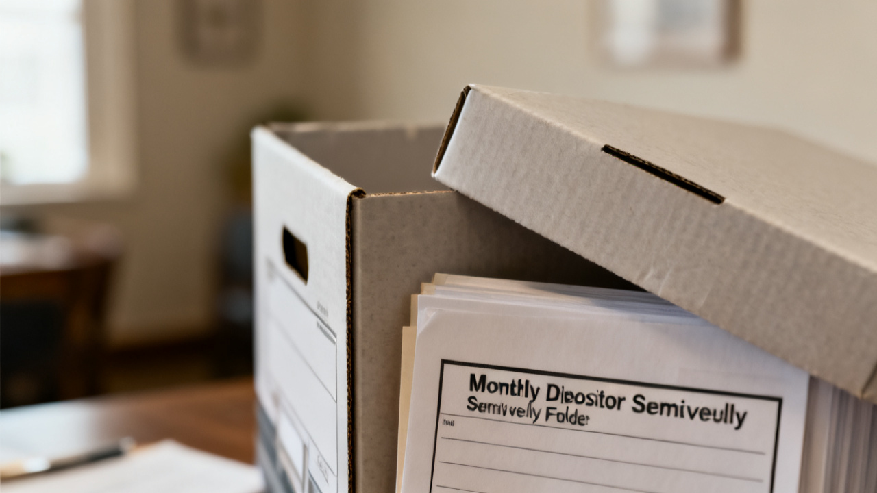Crop of monthly depositor semiweekly folder on kitchen table