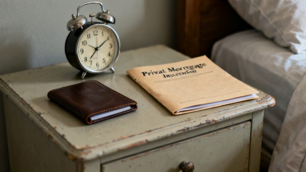 Household garage workbench with private mortgage insurance disclosure folder