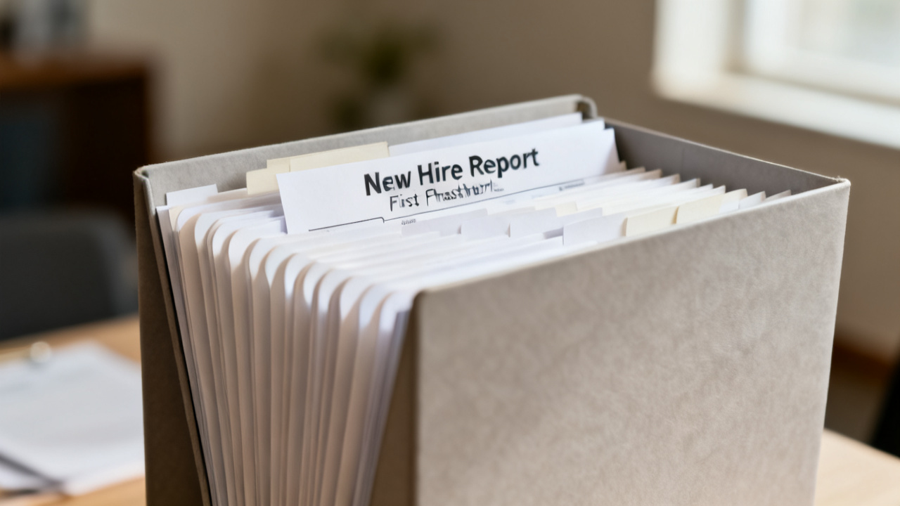 closed folder with new-hire report first paycheck folder