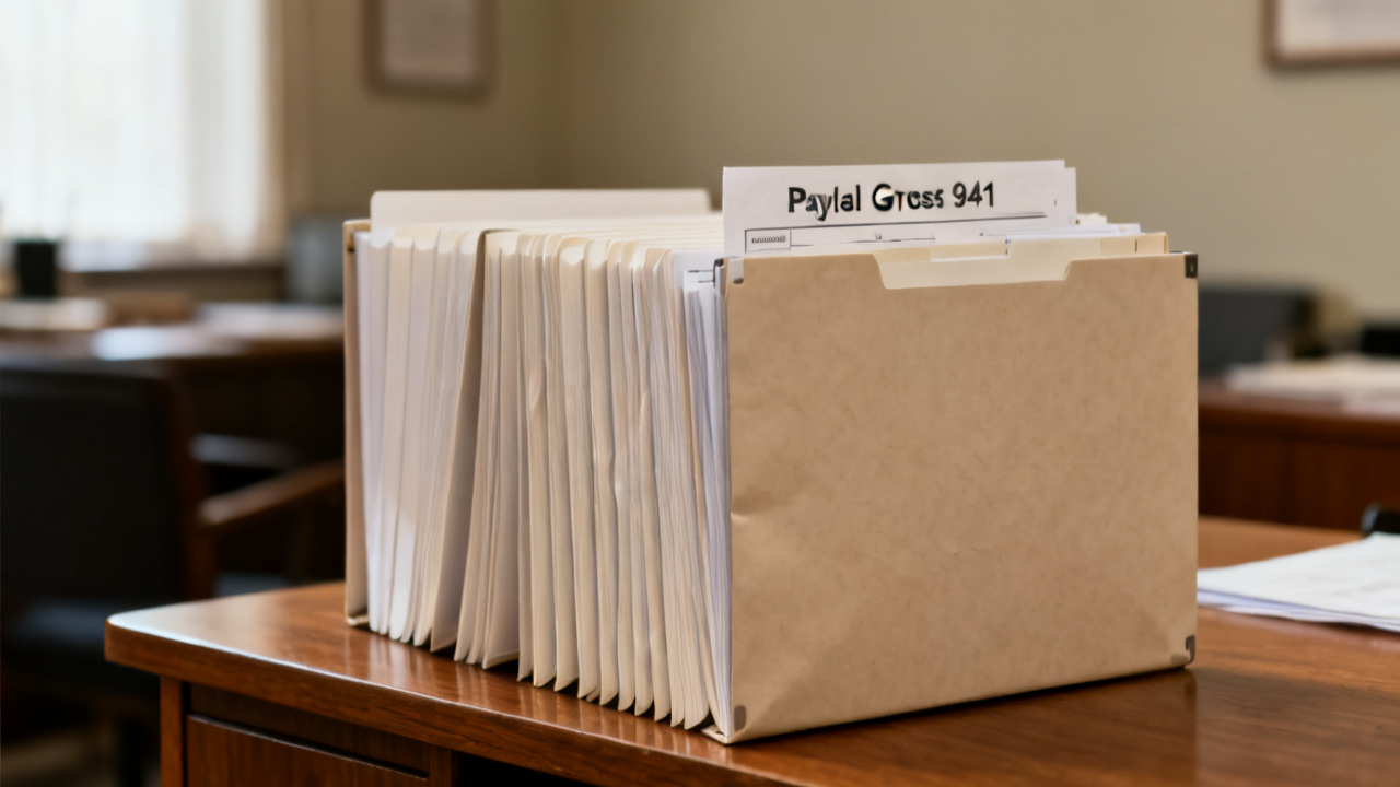payroll register gross 941 folder beside a accordion file