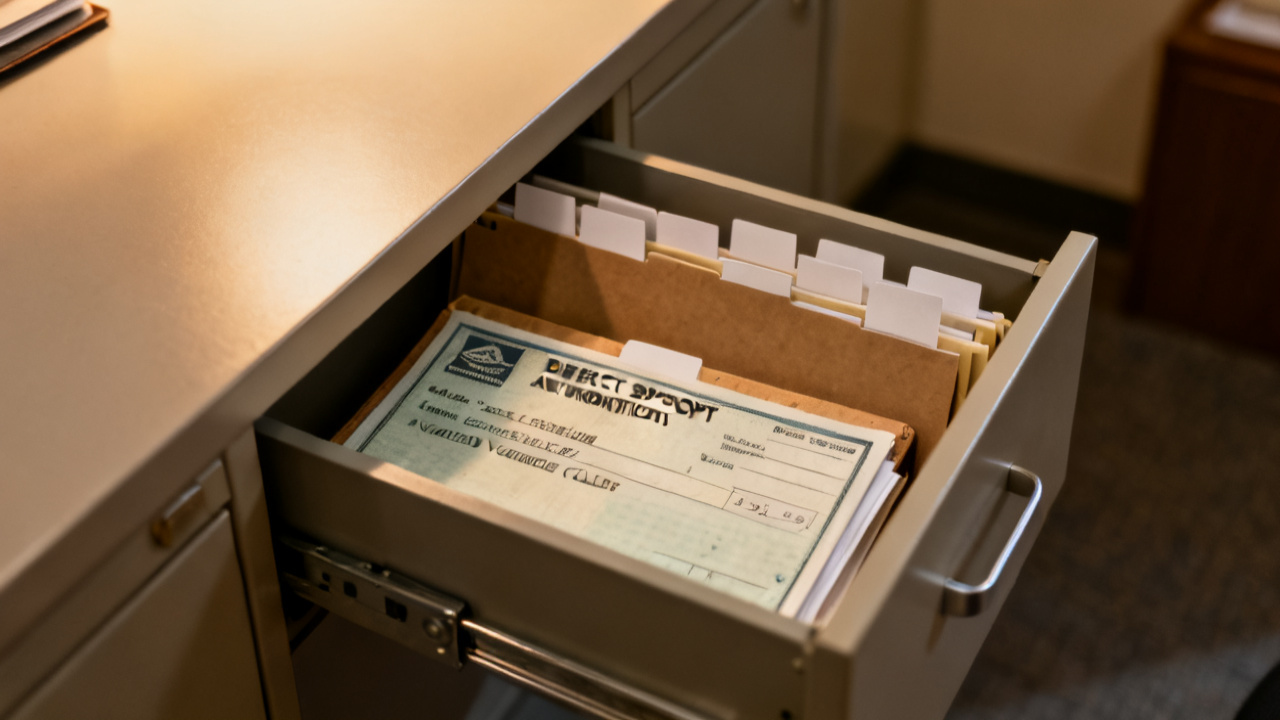 direct-deposit authorization voided check folder beside a statement sleeve