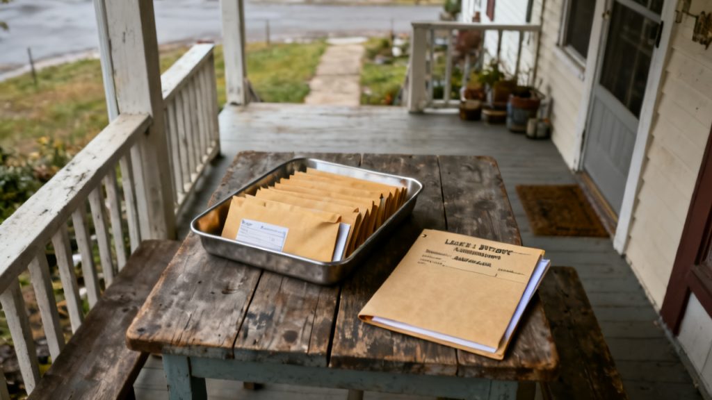 Household sunroom wicker table with direct-deposit authorization voided check folder