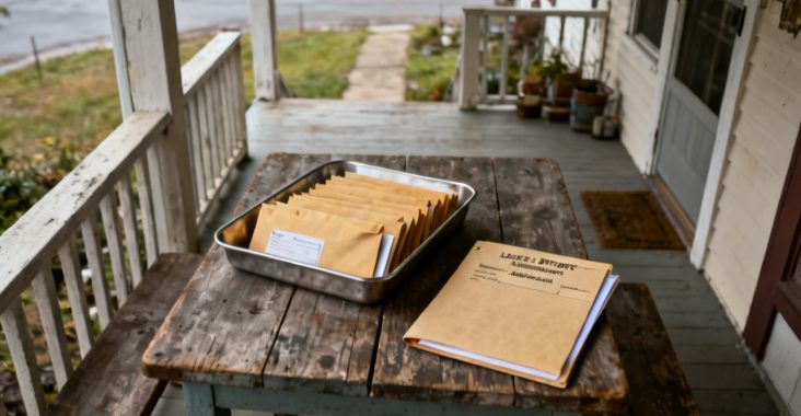 Household sunroom wicker table with direct-deposit authorization voided check folder