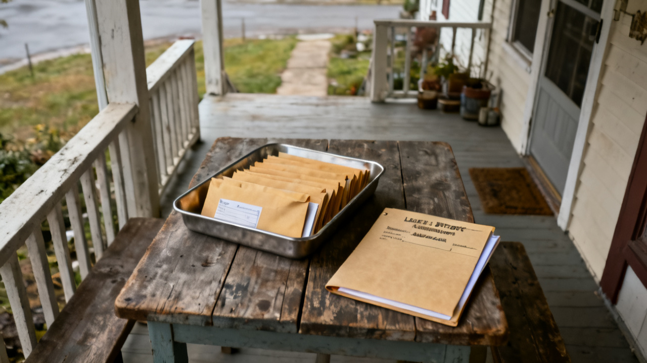 Household sunroom wicker table with direct-deposit authorization voided check folder