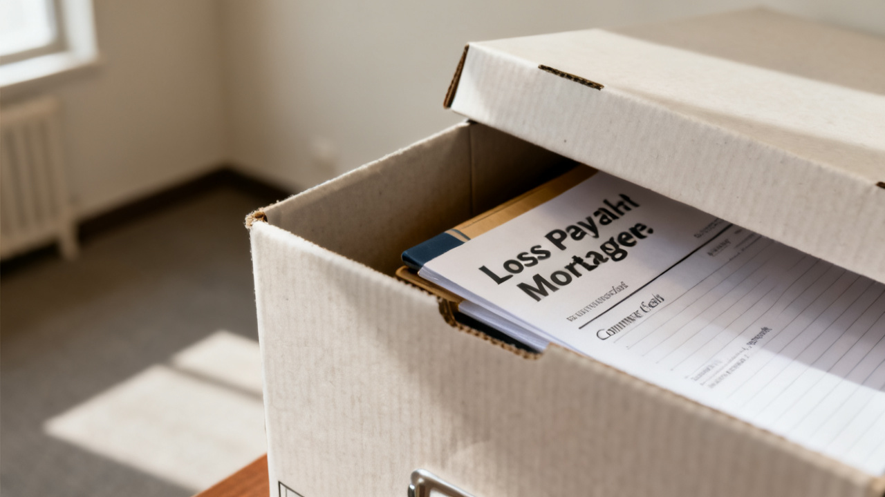 loss payable mortgagee commercial folder close-up, unlabeled