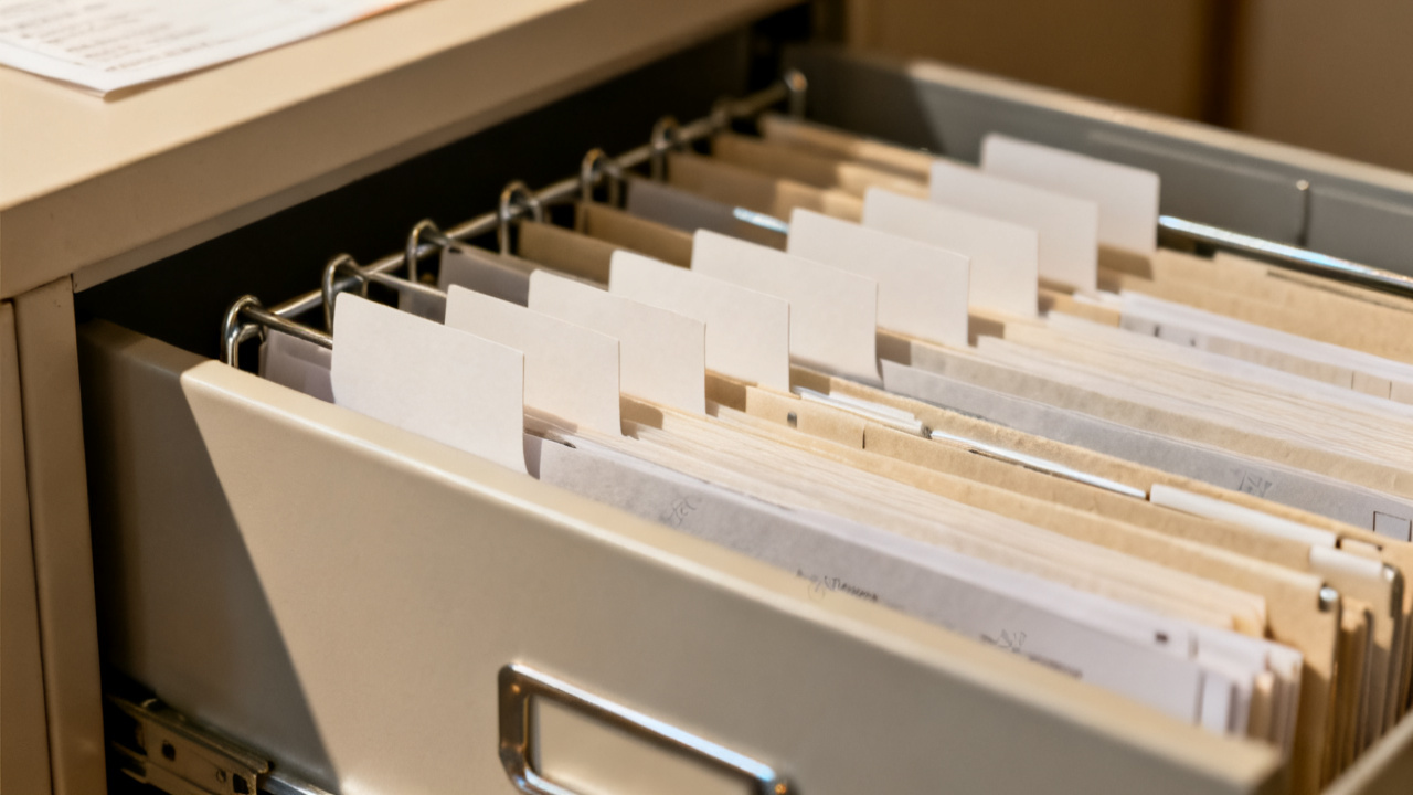 Crop of ordinance law commercial property folder on basement metal shelf