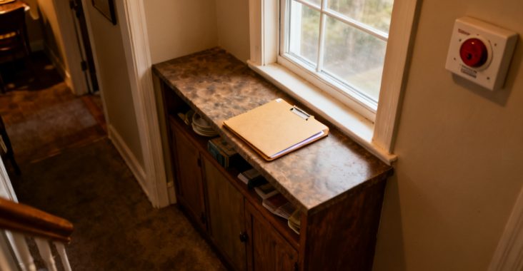 Household fridge-side tray with sprinkler alarm credit folder
